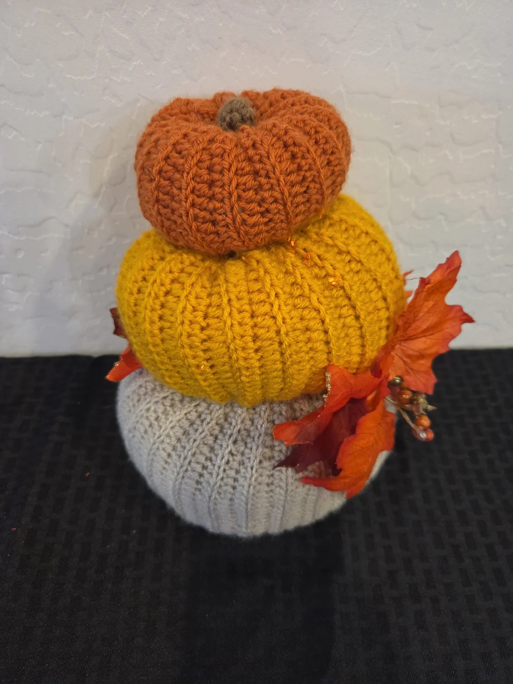 Handcrafted Knit Pumpkin Stack - Cream, Mustard, Orange - Home Accents